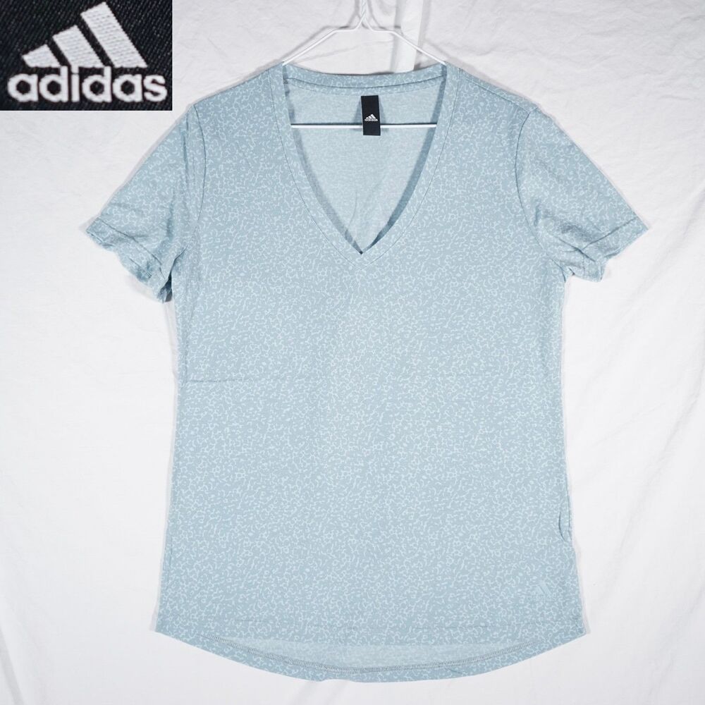 Blue Adidas Women's Athletic T-Shirt Leopard Print V-Neck Short Sleeve Large